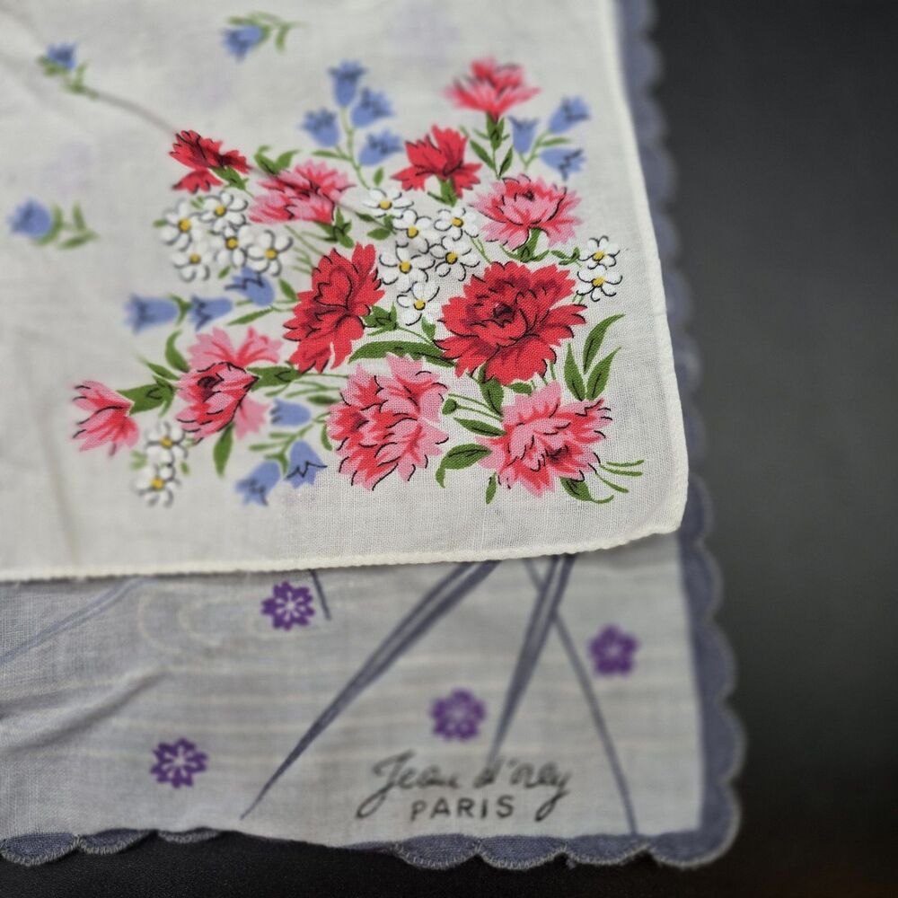 Vintage Set Lot Of 2 Jean Jeou D'Orly Paris Floral Handkerchiefs Multicolor